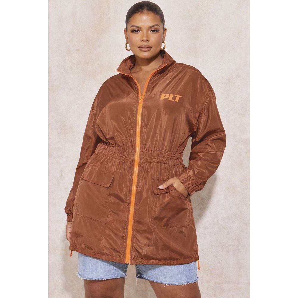 PrettyLittleThing Windbreaker Sheath Dress 3X Brown Orange Zip Long Rain Coat